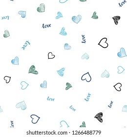 Light Blue, Green vector seamless texture with words LOVE YOU, hearts. Colorful illustration with quote LOVE YOU, hearts. Texture for window blinds, curtains.