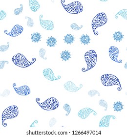 Light Blue, Green vector seamless abstract background with leaves and flowers. Sketchy doodles on white background. Template for business cards, websites.