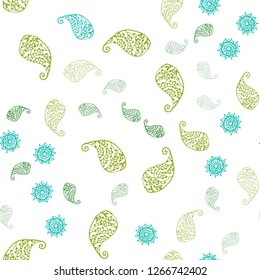 Light Blue, Green vector seamless elegant background with leaves and flowers. Illustration with doodles on abstract template. Texture for window blinds, curtains.