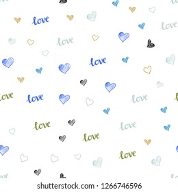 Light Blue, Green vector seamless template with text LOVE YOU, hearts. Romantic illustration with colorful phrase LOVE YOU, hearts. Pattern for trendy fabric, wallpapers.