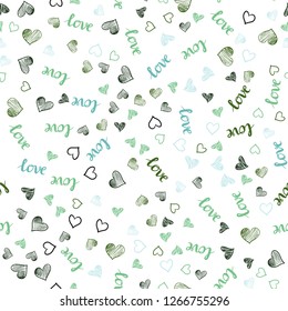 Light Blue, Green vector seamless pattern with phrase LOVE YOU, hearts. Design in doodle style with text LOVE YOU, hearts. Texture for window blinds, curtains.