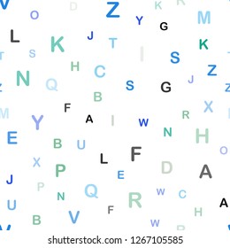 Light Blue, Green vector seamless background with signs of alphabet. Abstract illustration with colored latin alphabet. Design for wallpaper, fabric makers.