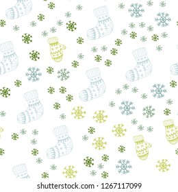 Light Blue, Green vector seamless background with xmas snowflakes, balls, socks, mittens. Shining colorful illustration in christmas style. Pattern for design of fabric, wallpapers.