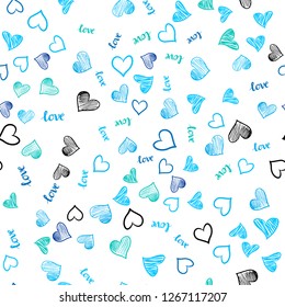 Light Blue, Green vector seamless background with words of love, hearts. Colorful gradient phrase LOVE YOU, hearts in abstract style. Design for textile, fabric, wallpapers.
