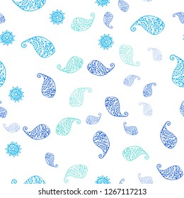 Light Blue, Green vector seamless doodle backdrop with leaves and flowers. Sketchy doodles on white background. Texture for window blinds, curtains.