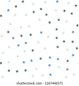 Light Blue, Green vector seamless texture with colored snowflakes. Shining colorful illustration with snow in christmas style. Texture for window blinds, curtains.