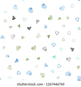 Light Blue, Green vector seamless texture with lovely hearts. Blurred decorative design in doodle style with hearts. Template for Valentine's greeting postcards.