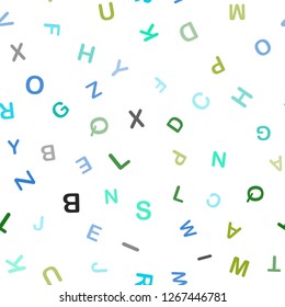 Light Blue, Green vector seamless backdrop with english symbols. Blurred design in simple style with signs of alphabet. Pattern for trendy fabric, wallpapers.