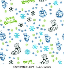 Light Blue, Green vector seamless texture with colored snowflakes, balls, socks, mittens. Modern geometric abstract illustration. Pattern for design of fabric, wallpapers.
