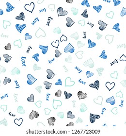 Light Blue, Green vector seamless pattern with phrase LOVE YOU, hearts. Illustration with phrase LOVE YOU, hearts for valentine's day. Template for business cards, websites.