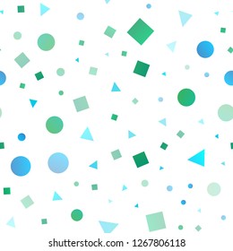 Light Blue, Green vector seamless texture in poly style with circles, cubes. Glitter abstract illustration with spheres, squares, lines. Pattern for trendy fabric, wallpapers.