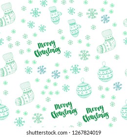 Light Blue, Green vector seamless pattern with christmas snowflakes, balls, socks, mittens. Colorful decorative design in xmas style. Pattern for trendy fabric, wallpapers.