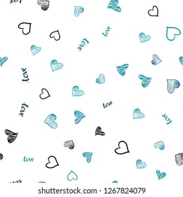 Light Blue, Green vector seamless cover with quote LOVE YOU, hearts. Romantic illustration with colorful phrase LOVE YOU, hearts. Pattern for design of fabric, wallpapers.