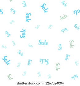 Light Blue, Green vector seamless cover with symbols of sales. Colored words of sales with gradient on white background. Design for business ads, commercials.