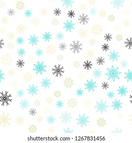 Light Blue, Green vector seamless layout with bright snowflakes. Snow on blurred abstract background with gradient. Pattern for design of window blinds, curtains.