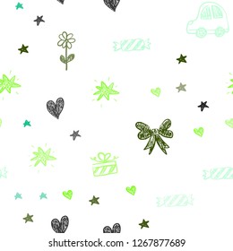 Light Blue, Green vector seamless template with carnival elements. Shining illustration with a toy car, heart, baloon, tulip, candy, ball. Design for holiday adverts.