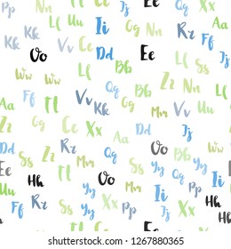 Light Blue, Green vector seamless backdrop with english symbols. Blurred design in simple style with signs of alphabet. Template for business cards, websites.