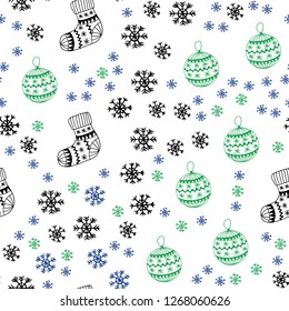 Light Blue, Green vector seamless layout with bright snowflakes, balls, socks, mittens. Colorful illustration with xmas symbols. Design for wallpaper, fabric makers.