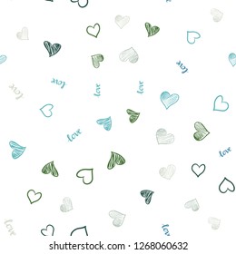 Light Blue, Green vector seamless cover with quote LOVE YOU, hearts. Illustration with words of love, hearts in abstract style. Design for wallpaper, fabric makers.