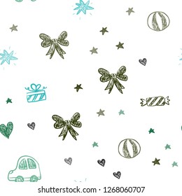 Light Blue, Green vector seamless layout with new year gifts. Illustration with a gradient toy car, heart, baloon, tulip, candy, ball. Design for holiday adverts.