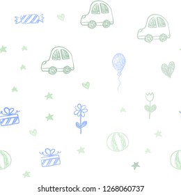 Light Blue, Green vector seamless texture with birthday gifts. Design in xmas style with a toy car, heart, baloon, tulip, candy, ball. Pattern for birthday gifts.