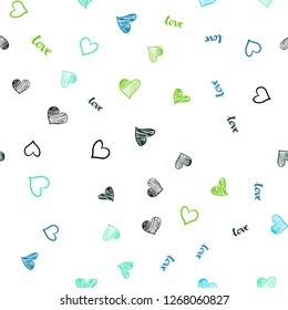 Light Blue, Green vector seamless template with text LOVE YOU, hearts. Illustration with phrase LOVE YOU, hearts for valentine's day. Pattern for design of fabric, wallpapers.