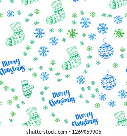 Light Blue, Green vector seamless pattern with christmas snowflakes, balls, socks, mittens. Colorful decorative design in xmas style. Design for wallpaper, fabric makers.