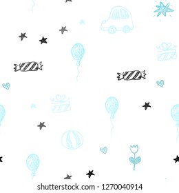 Light Blue, Green vector seamless background with xmas attributes. Design in xmas style with a toy car, heart, baloon, tulip, candy, ball. Pattern for new year ads.