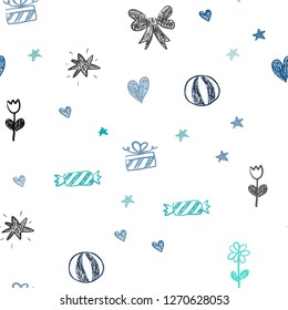 Light Blue, Green vector seamless pattern with christmas toys. Illustration with a gradient toy car, heart, baloon, tulip, candy, ball. Design for colorful commercials.