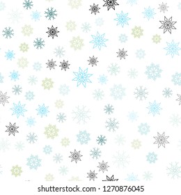 Light Blue, Green vector seamless background with xmas snowflakes. Blurred decorative design in xmas style with snow. Design for textile, fabric, wallpapers.