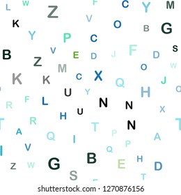 Light Blue, Green vector seamless pattern with ABC symbols. Colored alphabet signs with gradient on white background. Texture for window blinds, curtains.