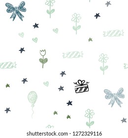 Light Blue, Green vector seamless background with xmas attributes. Colorful illustration with a toy car, heart, baloon, tulip, candy, ball. Template for new year postcards.