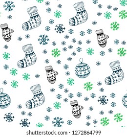 Light Blue, Green vector seamless layout with bright snowflakes, balls, socks, mittens. Colorful illustration with xmas symbols. Design for textile, fabric, wallpapers.