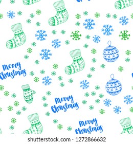 Light Blue, Green vector seamless pattern with christmas snowflakes, balls, socks, mittens. Colorful decorative design in xmas style. Design for wallpaper, fabric makers.