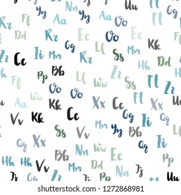 Light Blue, Green vector seamless background with signs of alphabet. Shining illustration with ABC symbols on abstract template. Pattern for design of fabric, wallpapers.