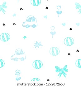 Light Blue, Green vector seamless background with xmas attributes. Illustration with a gradient toy car, heart, baloon, tulip, candy, ball. Template for new year postcards.