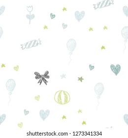 Light Blue, Green vector seamless layout in new year style. Colorful illustration with aheart, baloon, candy, gift, star, ribbon. Template for new year postcards.