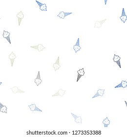 Light Blue, Green vector seamless cover with sundae ice-cream. Glitter abstract sketch with ice-cream cones. Design for ad, poster, banner of cafes, restaurants.