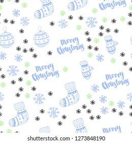 Light Blue, Green vector seamless texture with colored snowflakes, balls, socks, mittens. Colorful xmas elements with gradient. Design for wallpaper, fabric makers.
