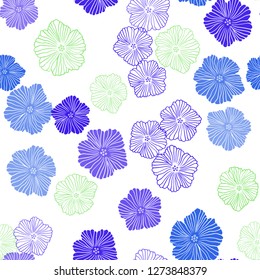 Light Blue, Green vector seamless doodle pattern with flowers. Sketchy doodle flowers on white background. Texture for window blinds, curtains.