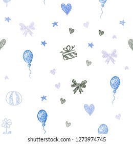 Light Blue, Green vector seamless template in carnival style. Illustration with a colorfulheart, baloon, candy, gift, star, ribbon. Design for colorful commercials.
