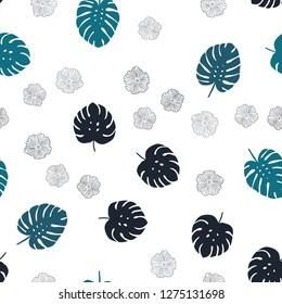 Light Blue, Green vector seamless natural pattern with flowers, leaves. Leaves, flowers in natural style on white background. Texture for window blinds, curtains.
