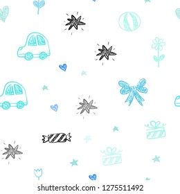 Light Blue, Green vector seamless background with xmas attributes. Colorful illustration with a toy car, heart, baloon, tulip, candy, ball. Design for holiday adverts.