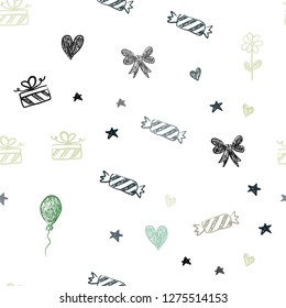 Light Blue, Green vector seamless layout in new year style. Colorful illustration with aheart, baloon, candy, gift, star, ribbon. Design for holiday adverts.