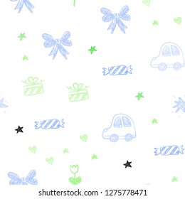 Light Blue, Green vector seamless texture with birthday gifts. Illustration with a gradient toy car, heart, baloon, tulip, candy, ball. Pattern for new year ads.