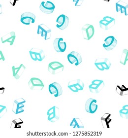 Light Blue, Green vector seamless layout with 3D latin alphabet. Modern geometrical illustration with 3D ABC english symbols. Design for textile, fabric, wallpapers.
