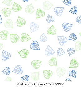 Light Blue, Green vector seamless doodle pattern with leaves. Creative illustration in blurred style with leaves. Design for textile, fabric, wallpapers.