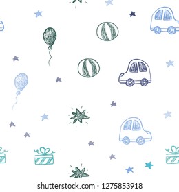 Light Blue, Green vector seamless template in carnival style. Design in xmas style with a toy car, baloon, candy, star, ball. Template for new year postcards.