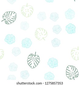 Light Blue, Green vector seamless doodle background with flowers, leaves. Modern abstract illustration with leaves and flowers. Design for textile, fabric, wallpapers.