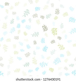 Light Blue, Green vector seamless doodle background with leaves, branches. Shining colored illustration with leaves and branches. Design for textile, fabric, wallpapers.